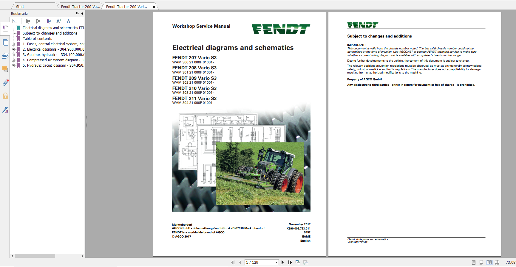 Fendt Tractor 200 Vario S3 VIN 300 304 Diagram Operator Workshop Manual EN 1