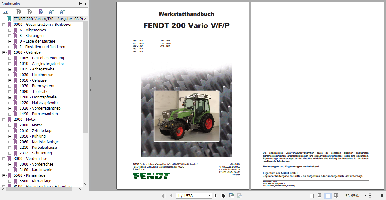 Fendt Tractor 200 Vario VFP Com3 VIN 260 274 Operator Diagram Workshop Manual German 2