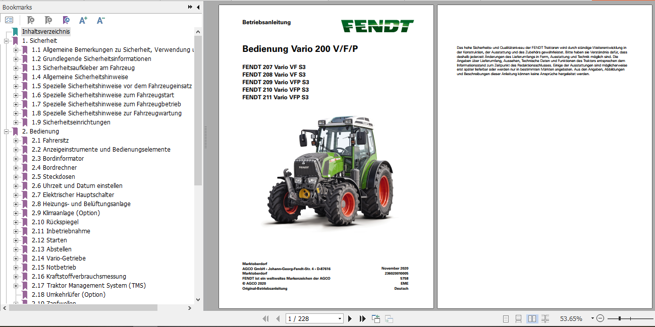 Fendt Tractor 200 Vario VFP S3 VIN 232 253 Operator Diagram Workshop Manual German 3