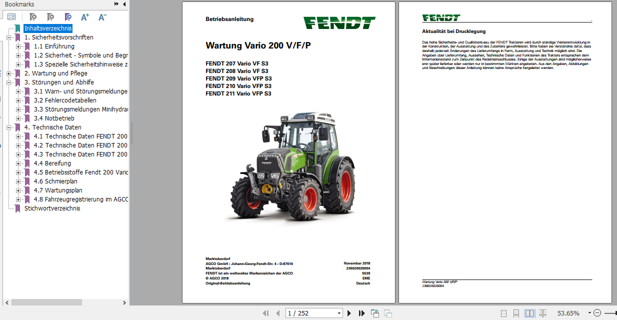 Fendt Tractor 200 Vario VFP S3 VIN 232 253 Operator Diagram Workshop Manual German 4