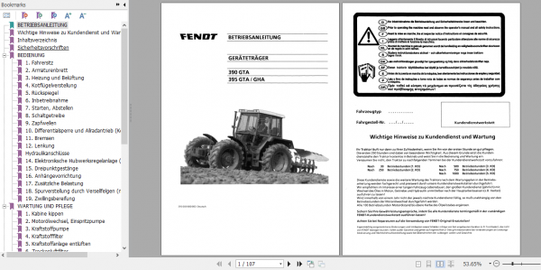 Fendt Tractor 300 GT VIN 148 395 Operator Technical Data Workshop Manual German 1