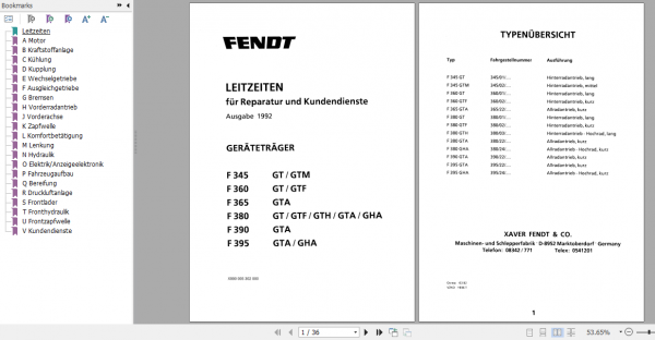 Fendt Tractor 300 GT VIN 148 395 Operator Technical Data Workshop Manual German 3