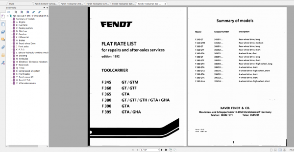 Fendt Tractor 300 Gt VIN 148 149 345 395 Diagram Operation Manual Workshop Manual EN 2