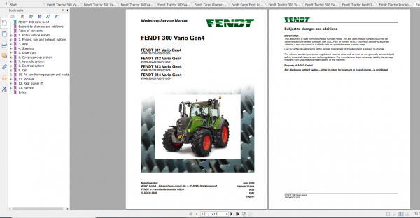 Fendt Tractor 300 Vario Gen4 VIN 351 354 Diagram Operation Manual Workshop Manual EN 1