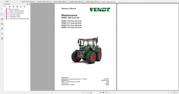 Fendt Tractor 300 Vario S4 VIN 347 350 Diagram Operation Manual Workshop Manual EN 13