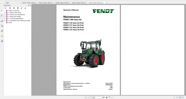 Fendt Tractor 300 Vario S4 VIN 347 350 Diagram Operation Manual Workshop Manual EN 14