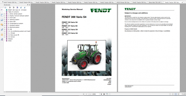 Fendt Tractor 300 Vario S4 VIN 347 350 Diagram Operation Manual Workshop Manual EN 2