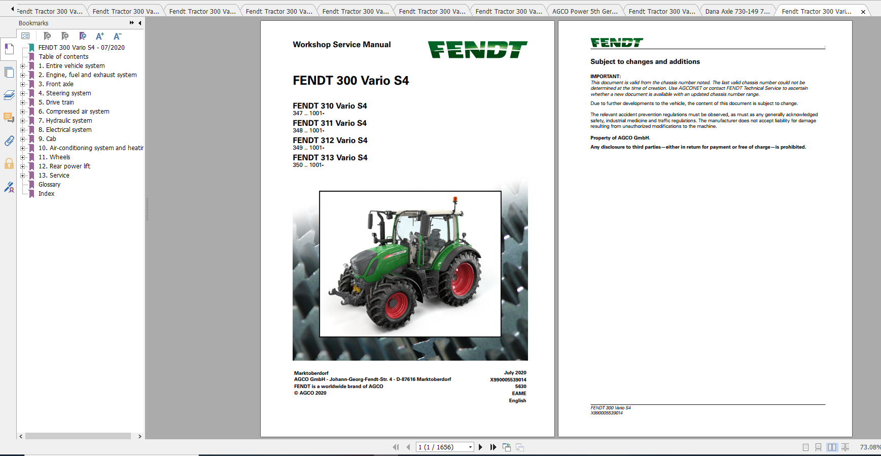 Fendt Tractor 300 Vario S4 VIN 347 350 Diagram Operation Manual Workshop Manual EN 2