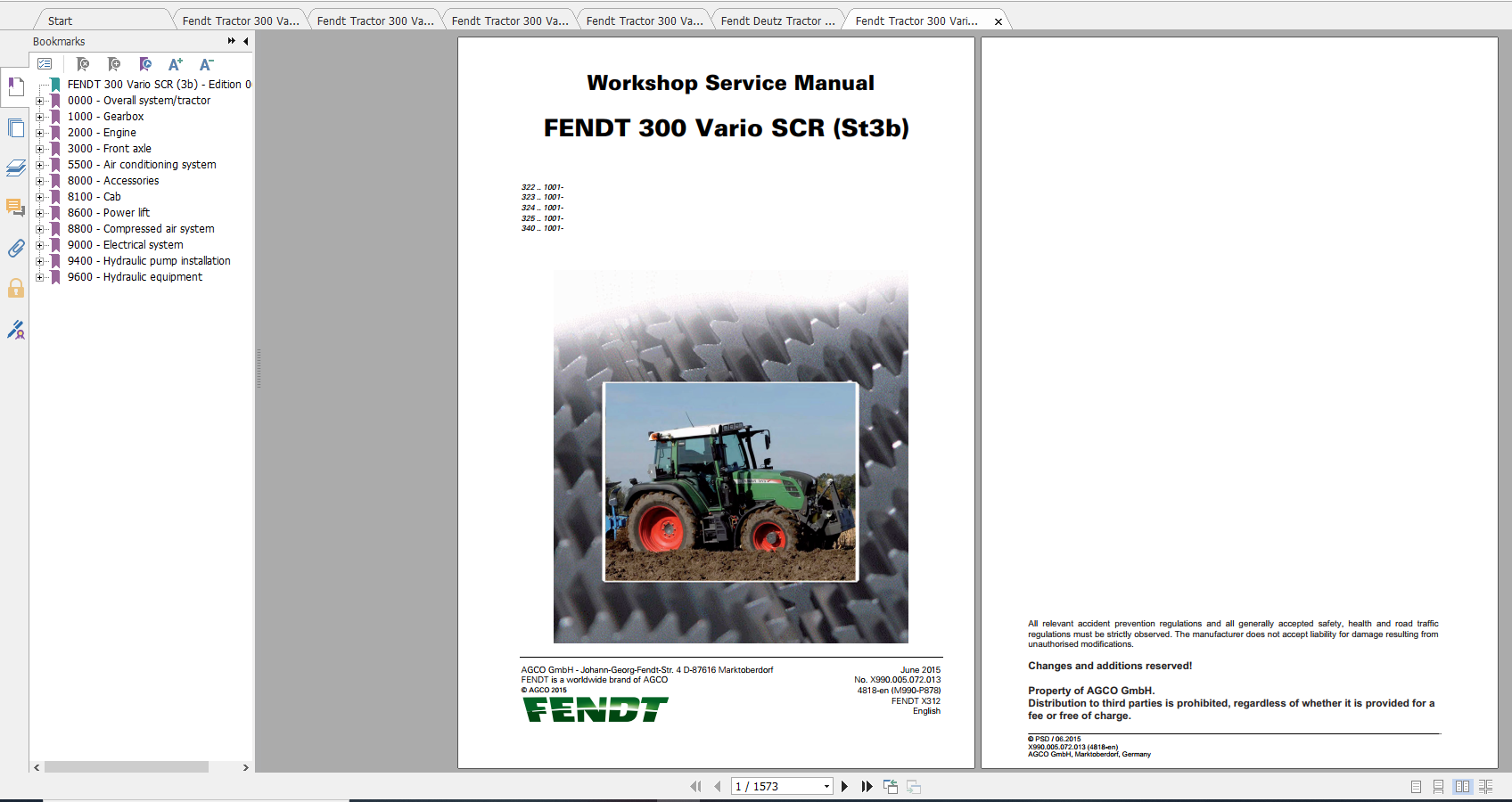 Fendt Tractor 300 Vario Scr 3b VIN 322 340 Diagram Operation Manual Workshop Manual EN 2