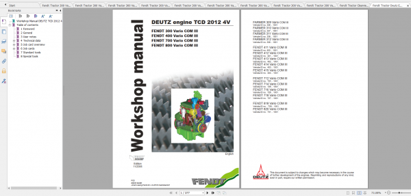 Fendt Tractor 300 Vario VIN 336 339 Diagram Operation Manual Workshop Manual EN 1