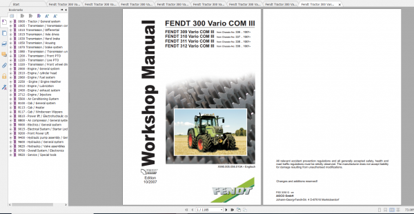 Fendt Tractor 300 Vario VIN 336 339 Diagram Operation Manual Workshop Manual EN 4