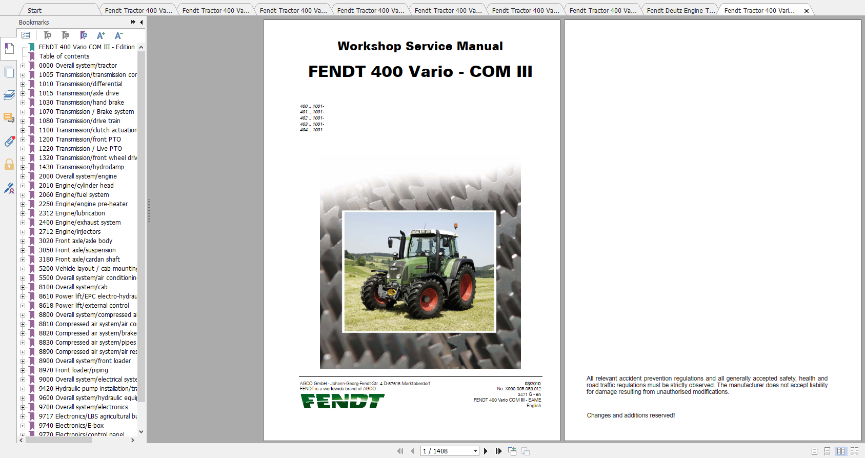 Fendt Tractor 400 Vario Com3 VIN 400 404 Diagram Operation Manual Workshop Manual EN 2