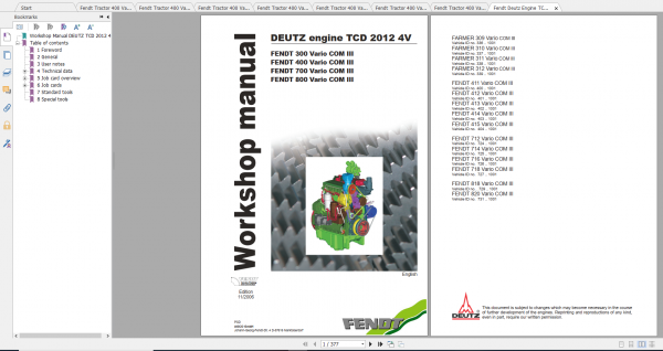 Fendt Tractor 400 Vario Com3 VIN 400 404 Diagram Operation Manual Workshop Manual EN 3
