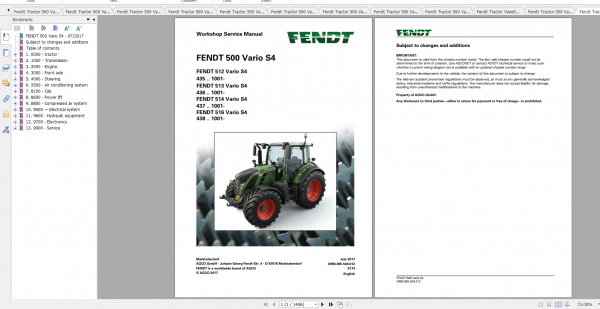 Fendt Tractor 500 Vario S4 VIN 435 438 Diagram Operation Manual Workshop Manual EN 1