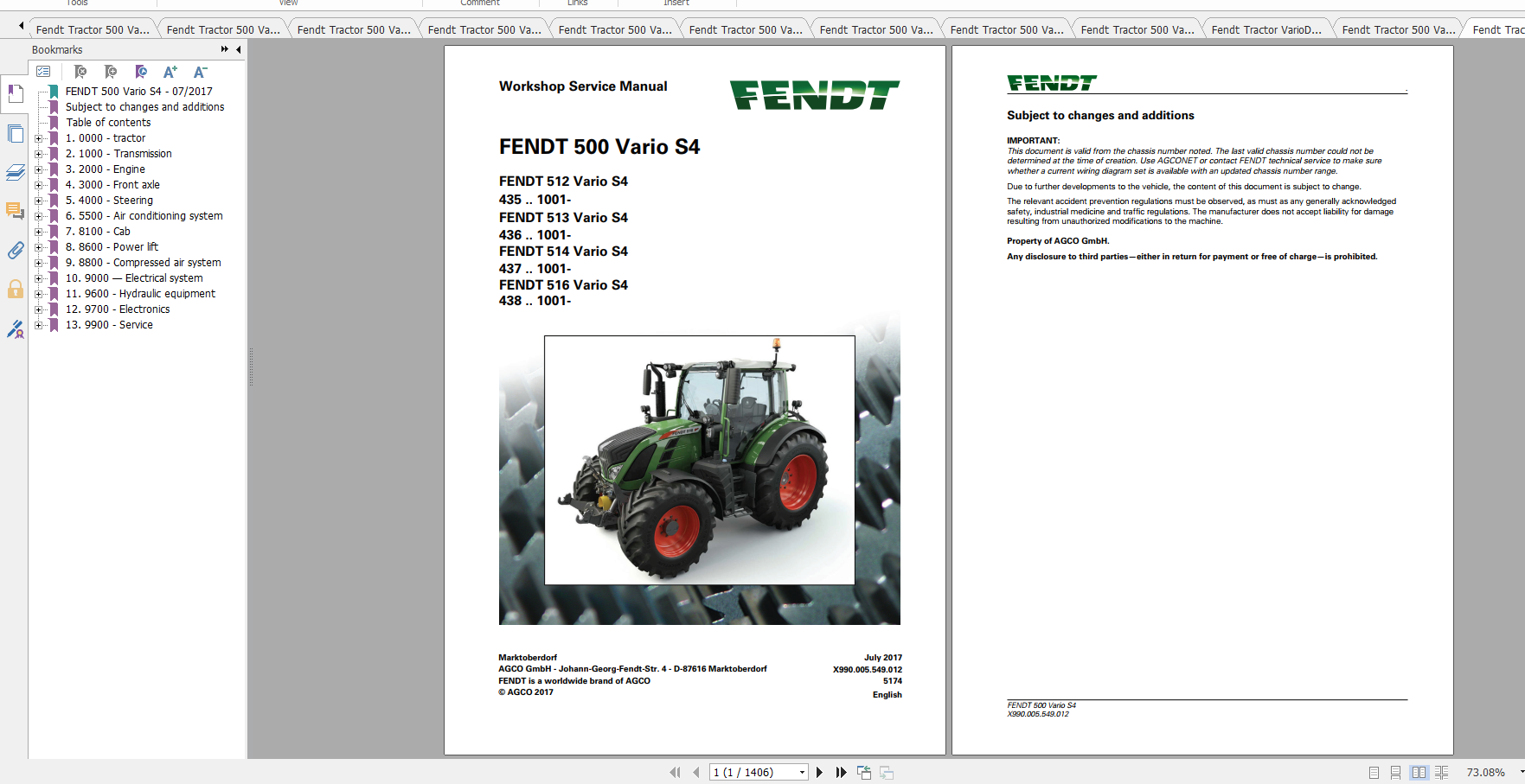 Fendt Tractor 500 Vario S4 VIN 435 438 Diagram Operation Manual Workshop Manual EN 1