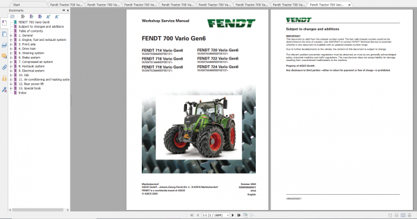 Fendt Tractor 700 Vario Gen6 VIN 760 765 Diagram Operation Manual Workshop Manual EN 2