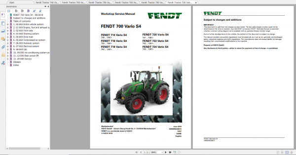 Fendt Tractor 700 Vario S4 VIN 738 743 Diagram Operation Manual Workshop Manual EN 1
