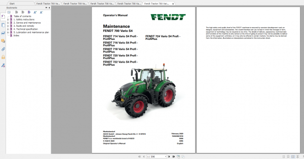 Fendt Tractor 700 Vario S4 VIN 738 743 Diagram Operation Manual Workshop Manual EN 2
