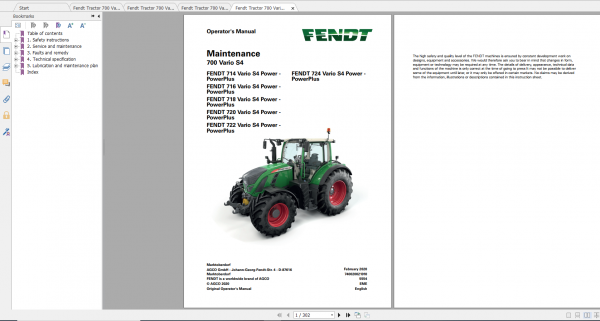 Fendt Tractor 700 Vario S4 VIN 738 743 Diagram Operation Manual Workshop Manual EN 3