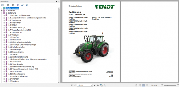 Fendt Tractor 700 Vario S4 VIN 738 743 Operator Diagrams Workshop Manual German 2