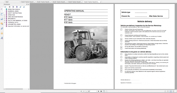 Fendt Tractor 800 Vario Com2 VIN 715 718 Diagram Operation Manual Workshop Manual EN 2