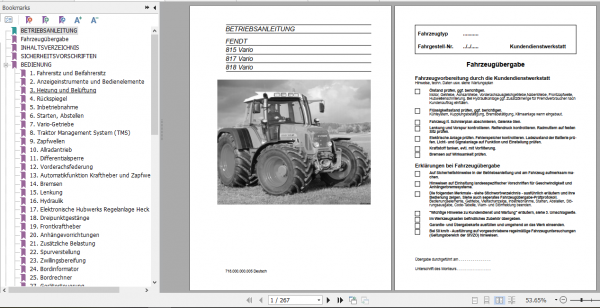 Fendt Tractor 800 Vario Com2 VIN 715 718 Operator Technical Data German 1