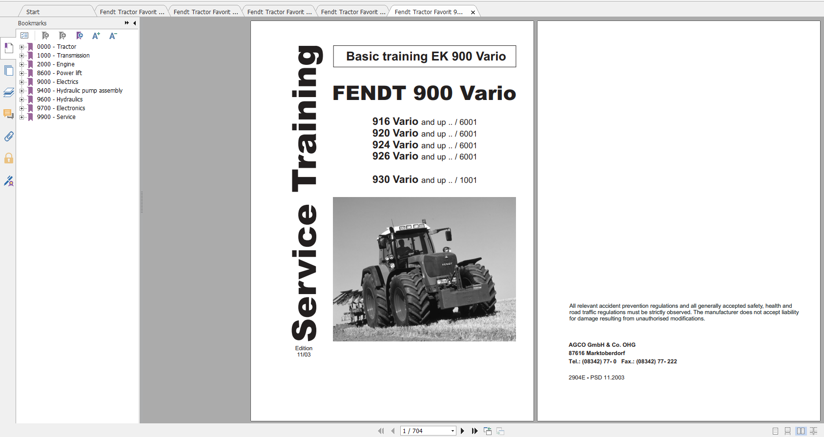 Fendt Tractor 900 Vario Com2 VIN 916 926 Diagram Operation Manual Workshop Manual EN 1