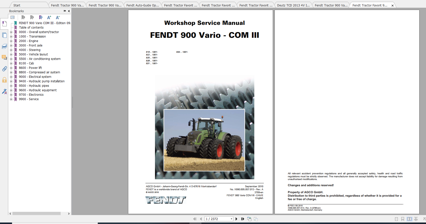 Fendt Tractor 900 Vario Com3 VIN 919 934 Diagram Operation Manual Workshop Manual EN 1