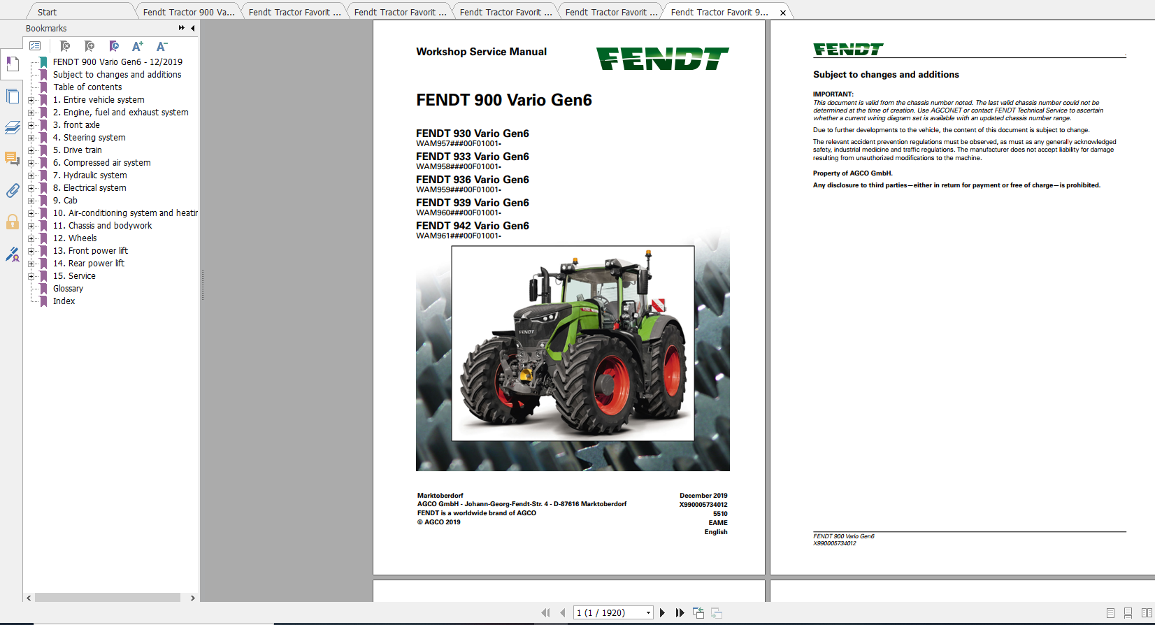 Fendt Tractor 900 Vario Gen6 VIN 957 961 Diagram Operation Manual Workshop Manual EN 1
