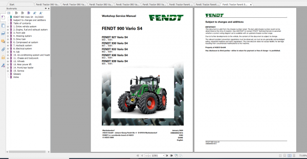 Fendt Tractor 900 Vario S4 VIN 950 954 Diagram Operation Manual Workshop Manual EN 1