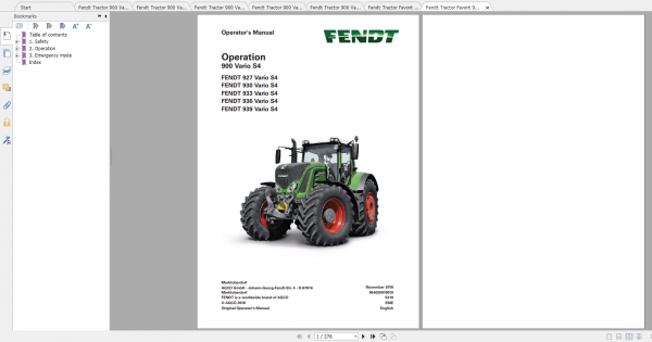 Fendt Tractor 900 Vario S4 VIN 950 954 Diagram Operation Manual Workshop Manual EN 2