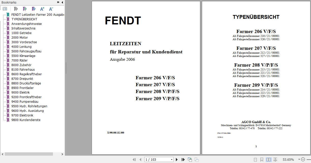 Fendt Tractor DE Famer 200 Series Repair Time Schedule German 1
