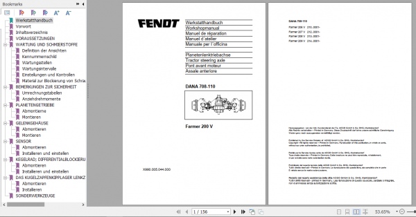 Fendt Tractor Famer 200 V DANA 708 110 Workshop Manual German 1