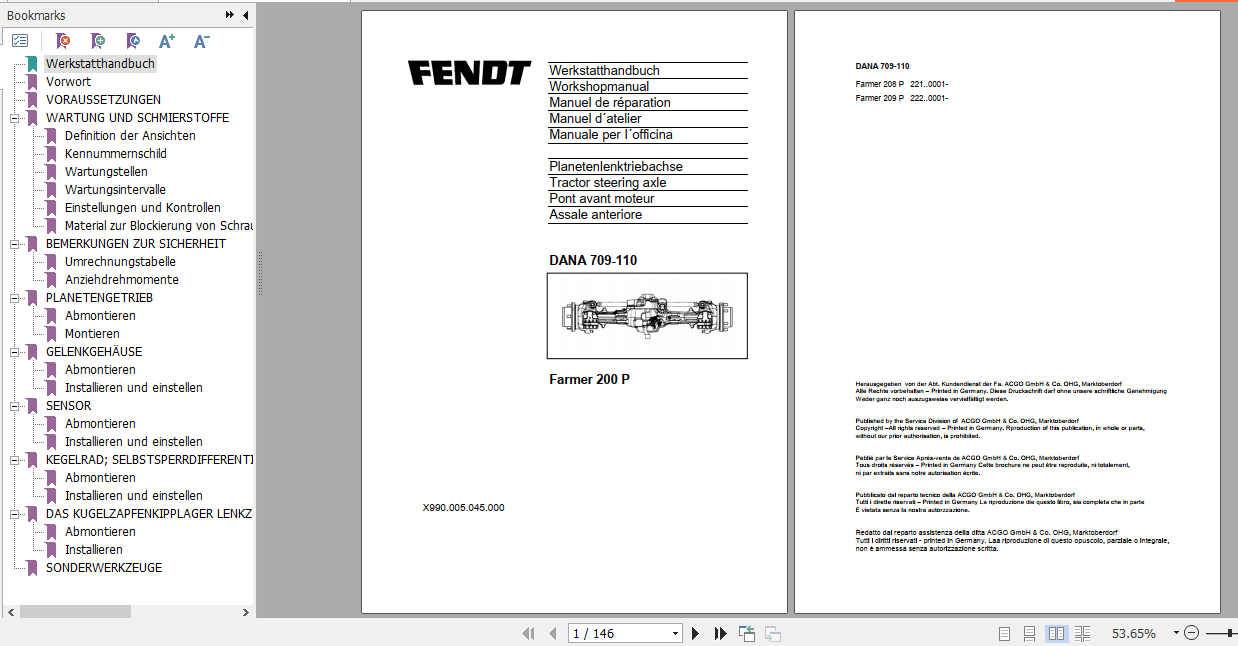 Fendt Tractor Famer 200P DANA 709 110 Workshop Manual German 1
