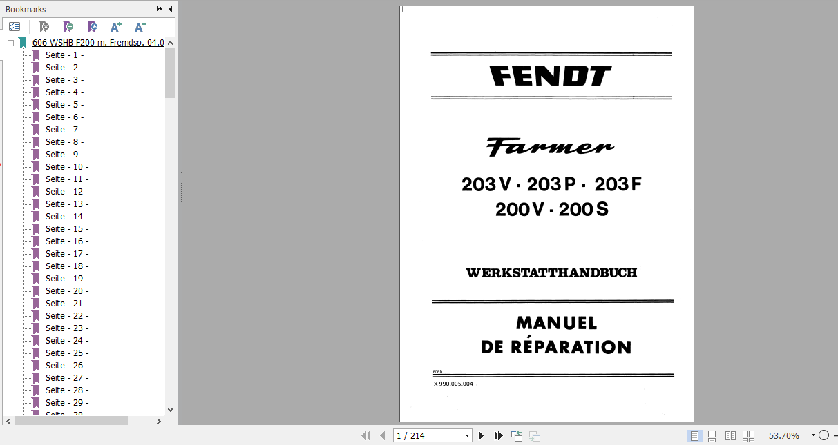 Fendt Tractor Famer 203 V P F 200 V S Workshop Manual German 1
