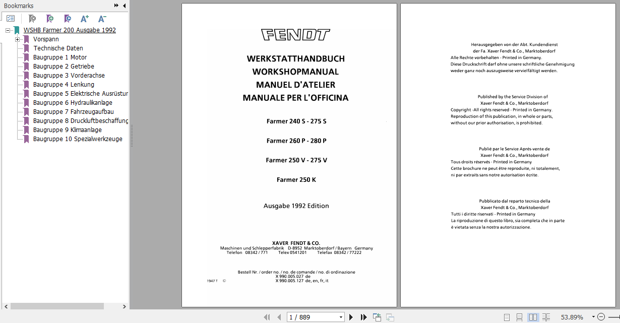 Fendt Tractor Farmer 240 275 S 260 280 P 250 275 V 250 K Workshop Manual German 1