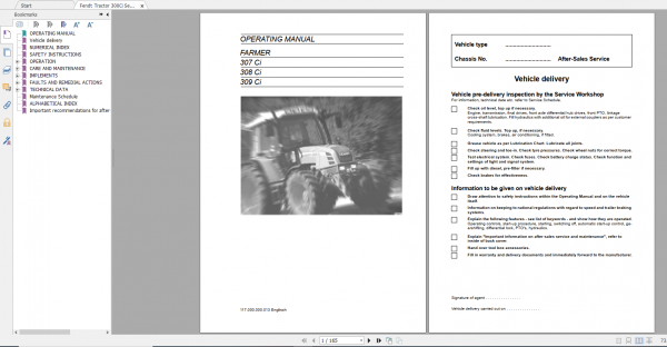 Fendt Tractor Farmer 300 Ci VIN 117 119 Operation Manual Workshop Manual EN 1