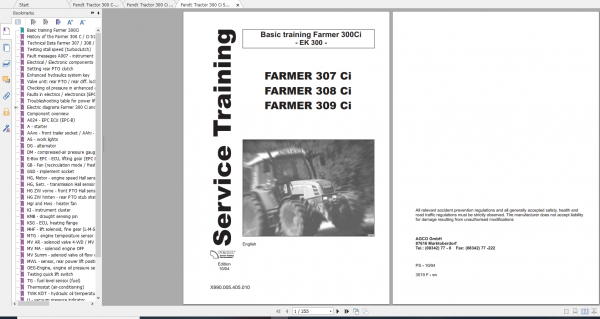 Fendt Tractor Farmer 300 Ci VIN 117 119 Operation Manual Workshop Manual EN 3