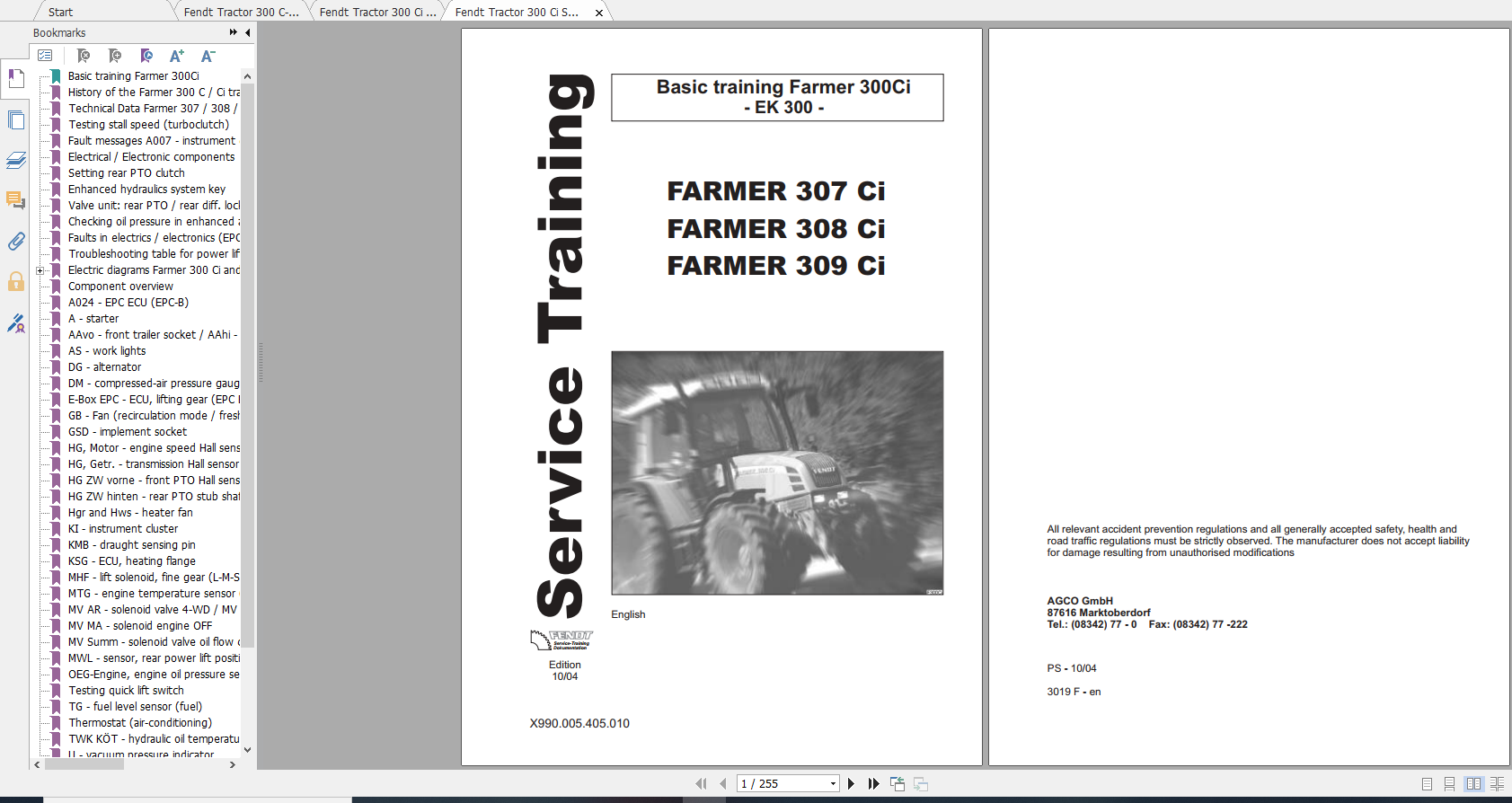 Fendt Tractor Farmer 300 Ci VIN 117 119 Operation Manual Workshop Manual EN 3