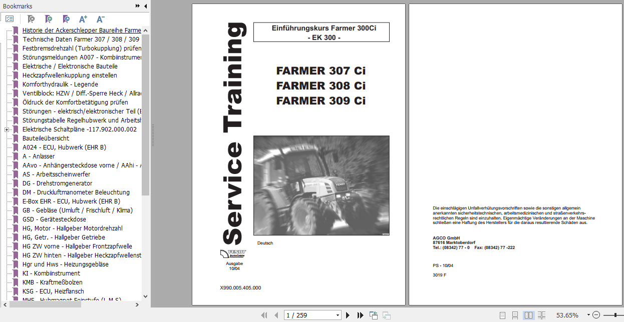 Fendt Tractor Farmer 300 Ci VIN 117 119 Operator Diagram Workshop Manual German 1