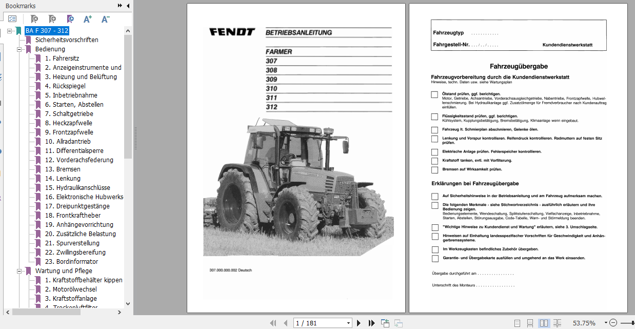 Fendt Tractor Farmer 300 LS LSA E VIN 307 312 Operator Workshop Manual German 1