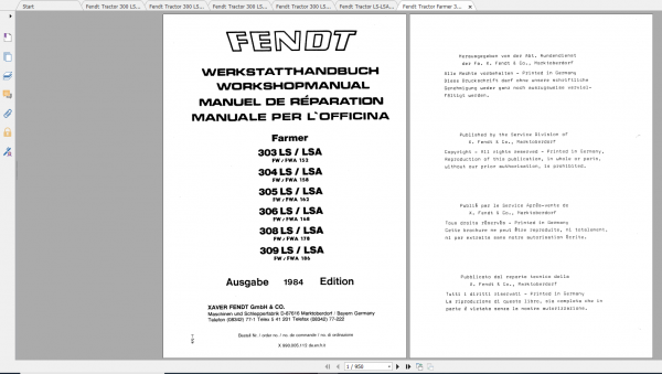 Fendt Tractor Farmer 300 Ls Lsa VIN 158 199 Operation Manual Workshop Manual EN 1