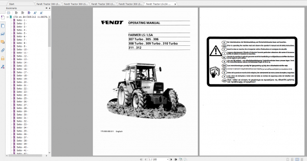 Fendt Tractor Farmer 300 Ls Lsa VIN 158 199 Operation Manual Workshop Manual EN 2