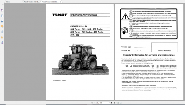 Fendt Tractor Farmer 300 Ls Lsa VIN 158 199 Operation Manual Workshop Manual EN 5