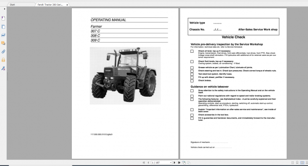Fendt Tractor Farmer 300C VIN 117 119 Operation Manual Workshop Manual EN 1