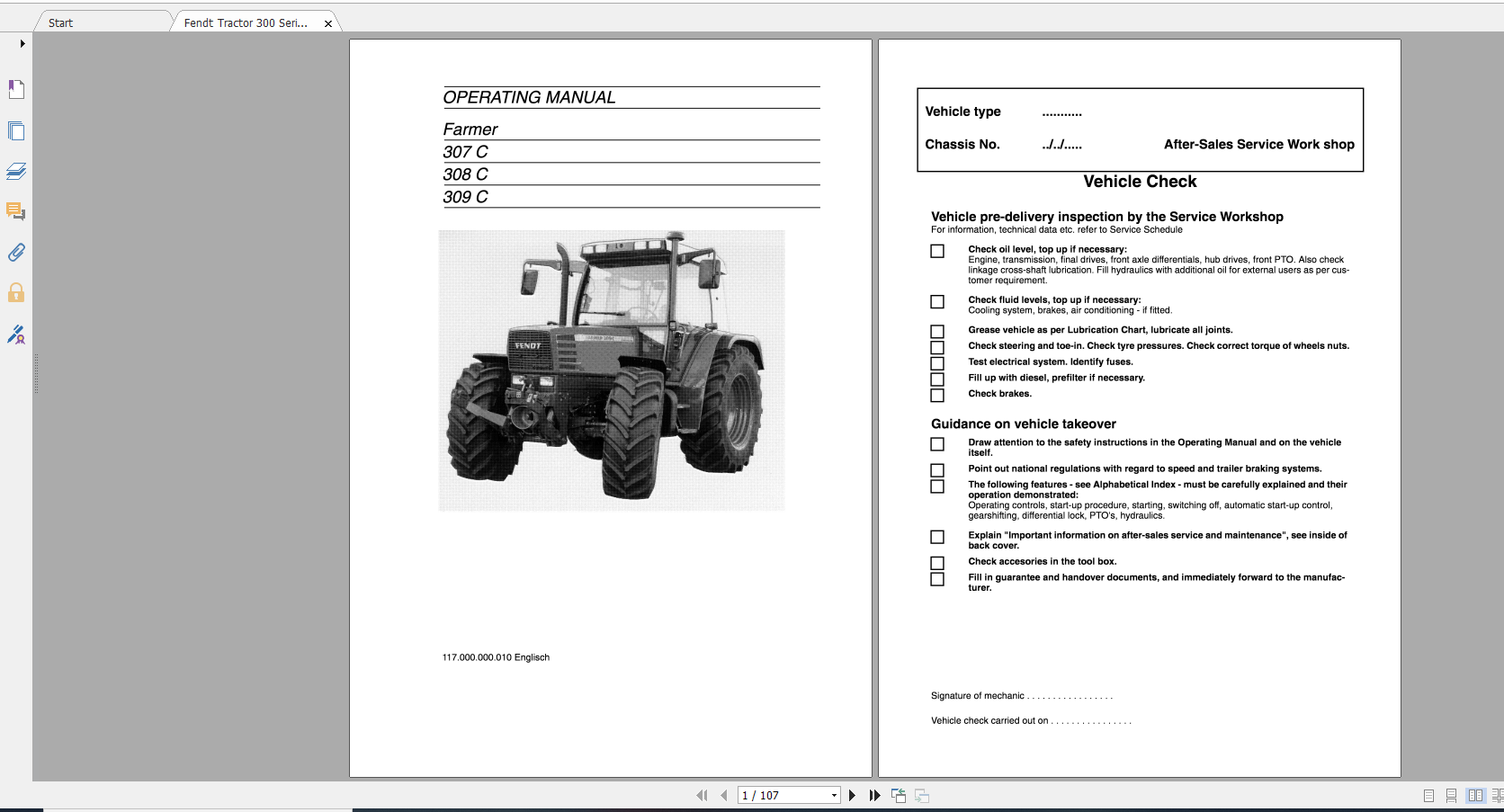 Fendt Tractor Farmer 300C VIN 117 119 Operation Manual Workshop Manual EN 1