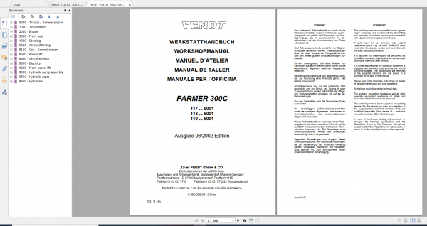 Fendt Tractor Farmer 300C VIN 117 119 Operation Manual Workshop Manual EN 3
