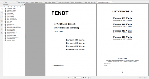 Fendt Tractor Farmer 400 Com12 VIN 409 412 Diagram Operation Manual Workshop Manual EN 8