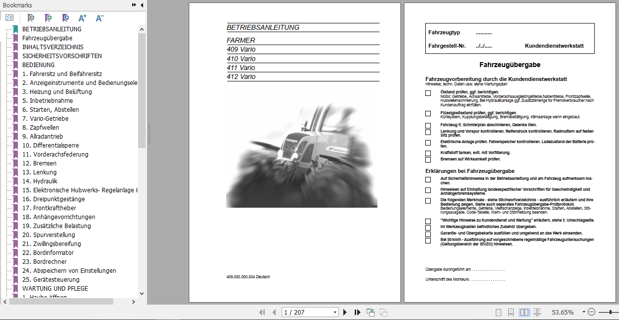 Fendt Tractor Farmer 400 com 1 com 2 VIN 409 412 Operator Diagram Workshop Manual German 2