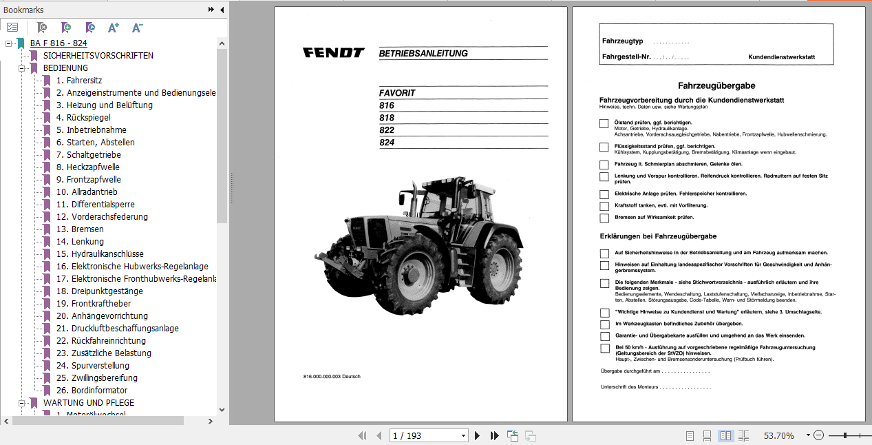 Fendt Tractor Favorit 800 Com1 VIN 816 824 Operator Technical Data Workshop Manual German 1